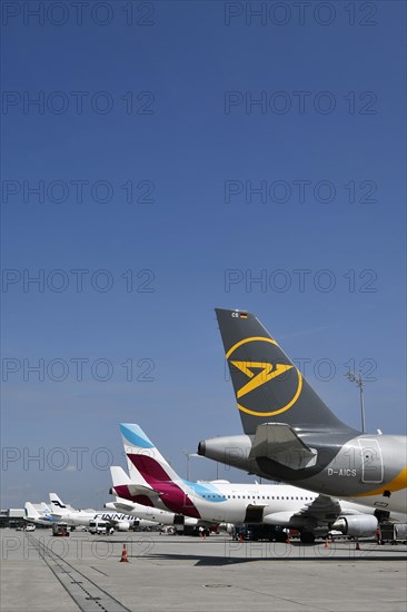 Overview Condor, Eurowings, Iberia, Finnair, KLM and Air Lingus aircraft at handling position at