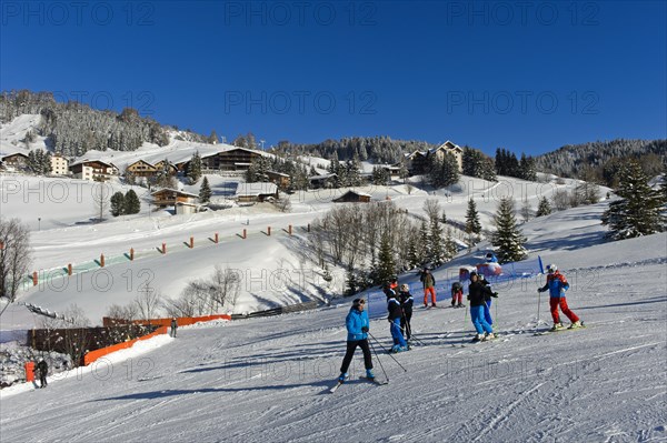 Skiers on a ski slope, Corvara ski resort, Kurfar, Alta Badia winter sports area, Dolomites, South