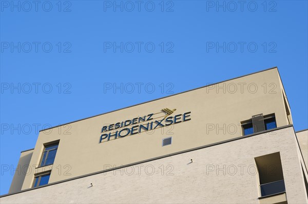 Building with lettering and logo Residenz Phoenixsee, Hoerde, Dortmund, Ruhr area, Westphalia,