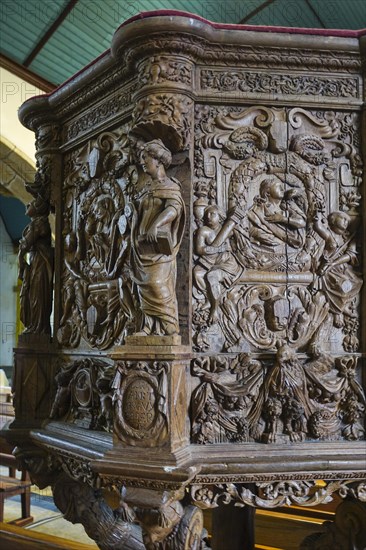 Carvings on the pulpit, Enclos Paroissial enclosed parish of Guimiliau, Finistere Penn ar Bed