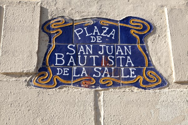 Close up of ceramic tiles sign Plaza de San Juan Bautista de la Salle, Melilla autonomous city