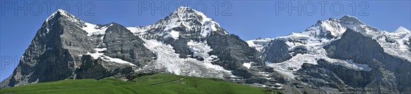 Panoramic view from the Kleine Scheidegg over the mountains Eiger (3970 m), Moench (4104 m) and
