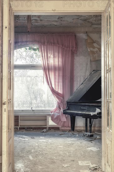 A damaged grand piano in a dilapidated room with tattered pink curtains and dust, urologist's villa