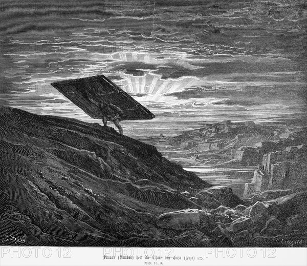 Samson or Samson lifts the gates of Gaza, Book of Judges, Chapter 16, Bible, city of Gaza, Mount