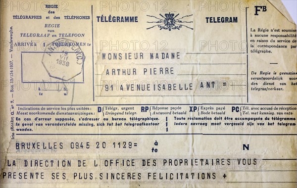 Old Belgian telegram written in French and Dutch from 1938, Belgium, Europe