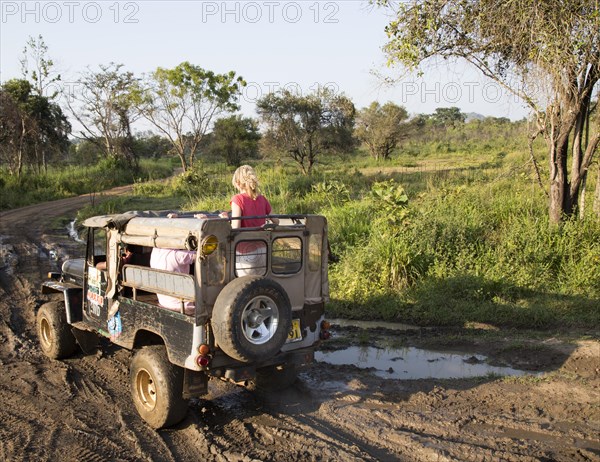 Elephant safari in Hurulu Eco Park biosphere reserve, Habarana, Anuradhapura District, Sri Lanka,