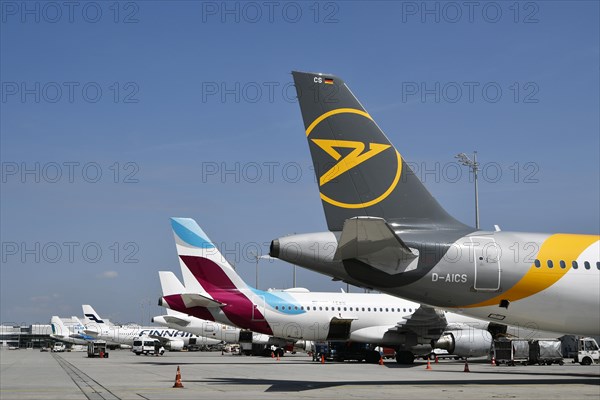 Overview Condor, Eurowings, Iberia, Finnair, KLM and Air Lingus aircraft at handling position at