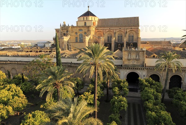 Raised angle view of Great Mosque, Mezquita cathedral, former mosque building in central, Cordoba,