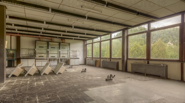 A large empty room with falling ceiling tiles and abandoned lab benches, Biotech, abandoned