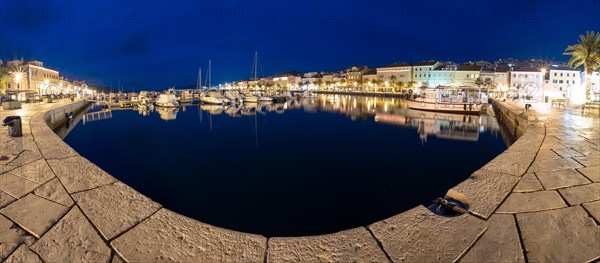 Blue hour, harbour of Mali Losinj, panoramic shot, island of Losinj, Kvarner Gulf Bay, Adriatic