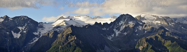 View over mountains along the mountain pass Passo di Gavia in the Italian Alps, Lombardy, Italy,