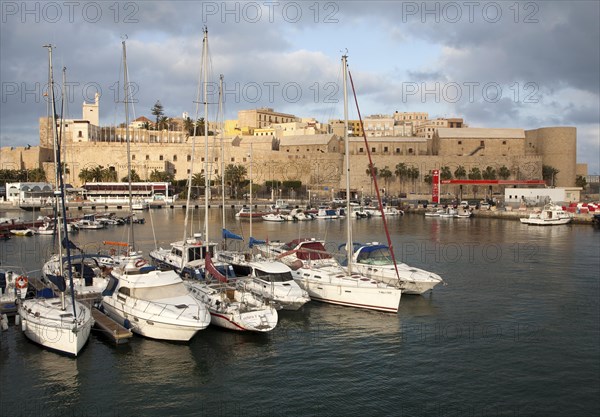 Yachts in harbour and old walled fortress Melilla la Vieja, Melilla, Spanish territory in north