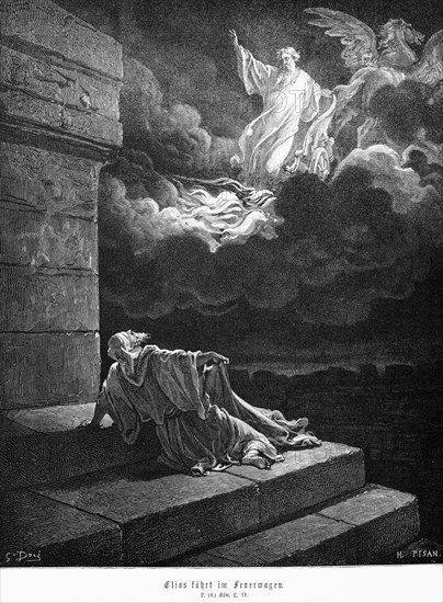 Elijah riding in a chariot of fire, 2nd Book of Kings, chariot, fire, sky, ride, horse, clouds,