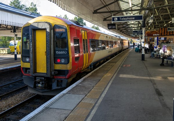 South Western Railway SWR Class 165 Turbo train 1158880 at Salisbury station, Wiltshire, England,