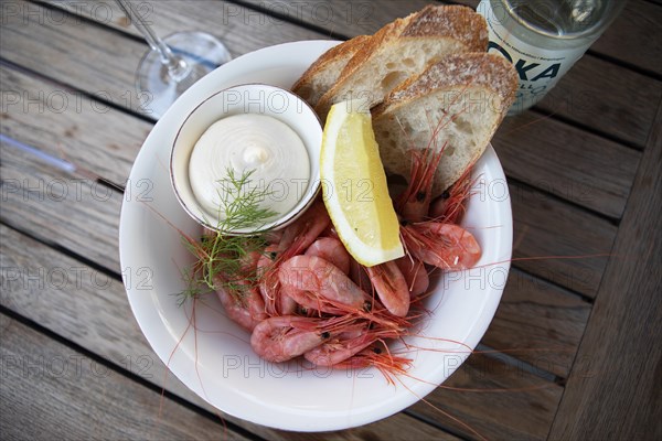 Fresh prawns with aioli, Gothenburg, Vaestra Goetalands laen, Sweden, meal, food, plate, served,
