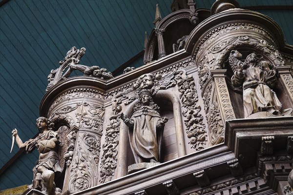 Renaissance-style carved canopy of the baptismal font, Enclos Paroissial enclosed parish of