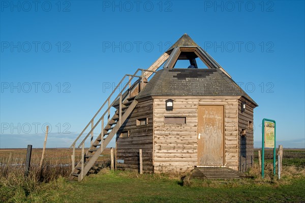 Bird hide at the nature reserve Verdronken Land van Saeftinghe, salt marsh of the Western Scheldt