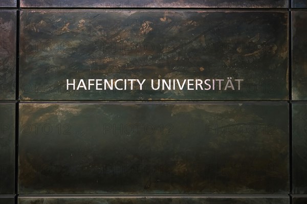 Stone slab with inscription Hafencity University, Hanseatic City of Hamburg, Hamburg, Germany,