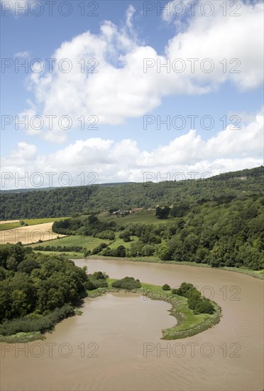 View north towards Lancaut over incised meander, gorge and river spit, River Wye, near Chepstow,
