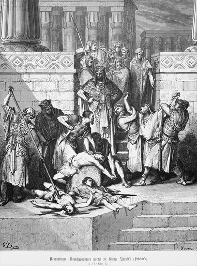 Nebuchadnezzar murders the children of Zidekiah, 2nd Book of Kings, murder, kill, temple, steps,
