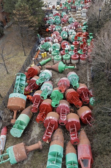 Detroit, Michigan, Navigational buoys stored at the U.S. Coast Guard station. The buoys mark the
