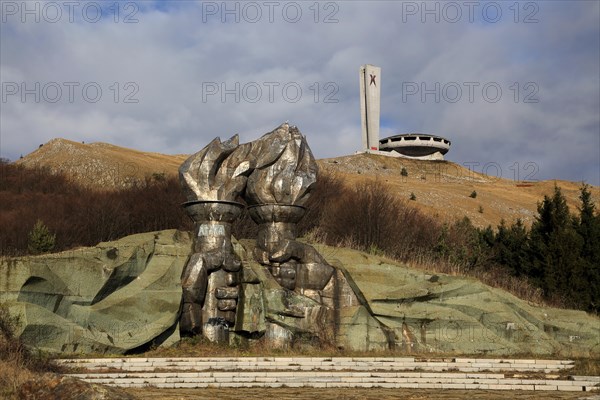 Burning torch sculpture Buzludzha monument former communist party headquarters, Bulgaria, eastern
