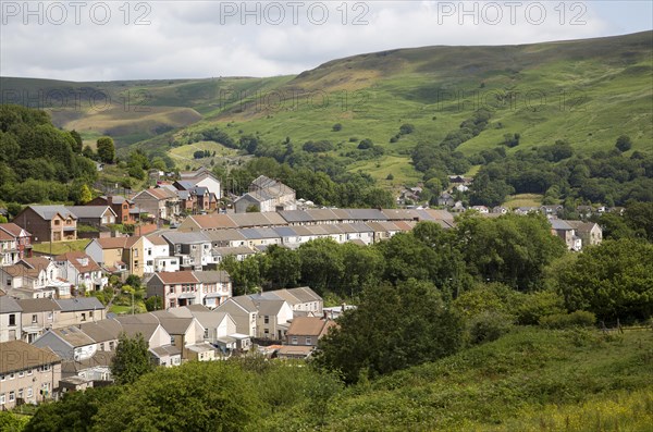 Linear pattern of terraced houses in Cwmparc, Treorchy, Rhonnda valley, South Wales, UK