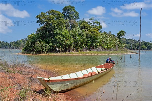 Wooden tourist boat at Brokopondo reservoir, Brokopondostuwmeer, artificial lake created by