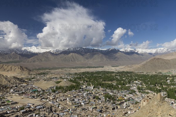 Leh, the capital town of Ladakh and main settlement in the region, with the Indus Valley below and