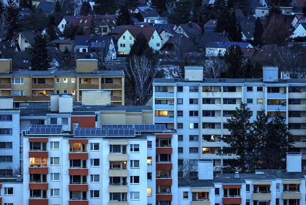 View of tower blocks and apartment blocks in the Neukoelln district of Berlin. The rise in rents in