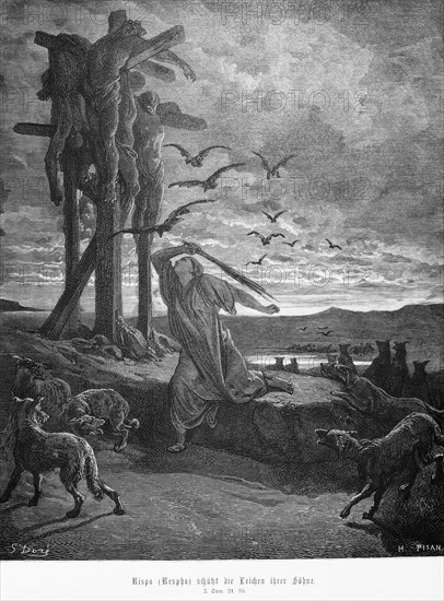 Rispa or Repha protects the bodies of her sons, 2nd Book of Samuel, crucifixion, dying, birds,
