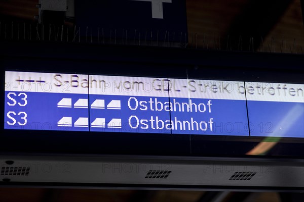 A display board on the S3 reads, S-Bahn affected by GDL strike. Today is the second day of the