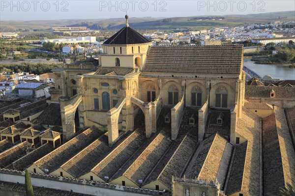 Raised angle view of Great Mosque, Mezquita cathedral, former mosque building in central, Cordoba,