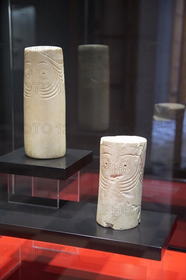 Chalcolithic marble cylinder shaped idols from 2, 500 BC archaeology museum, Jerez de la Frontera,