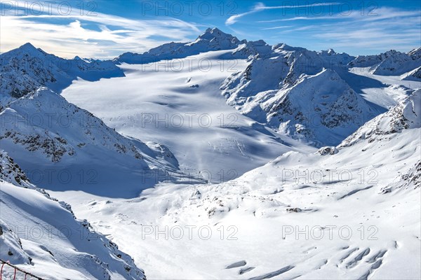 View from the Mutkogel mountain station of the Tiefenbach glacier to the Wildspitze, Austria's