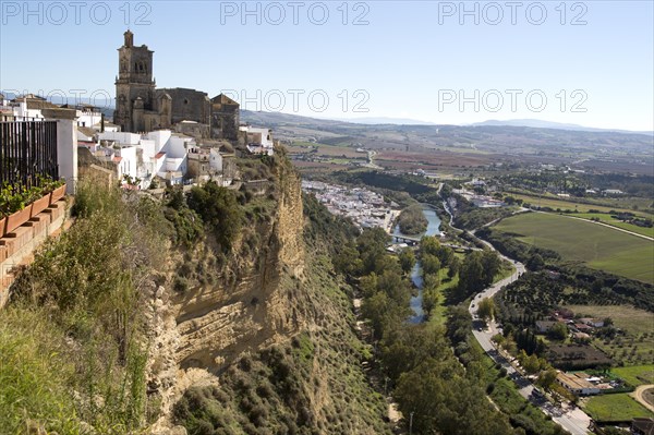 Cliff top buildings church of San Pedro, village of Arcos de la Frontera, Cadiz province, Spain,