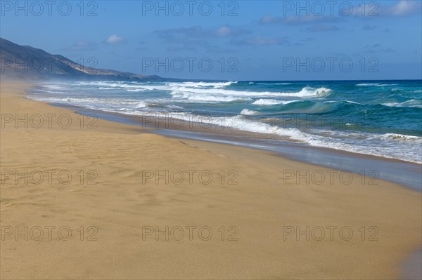 Fuerteventura beach on west coast of Jandia peninsula in front of abandoned village of Cofete with