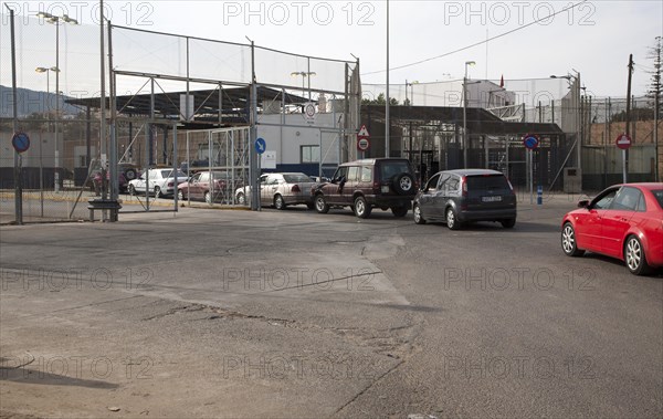 Line of cars wait at the Moroccan border in Melilla autonomous city state Spanish territory in