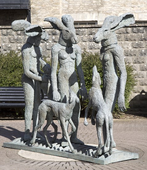 â€œPaint potsâ€ sculpture by artist Sophie Ryder in Brewery Court, Cirencester, Gloucestershire,
