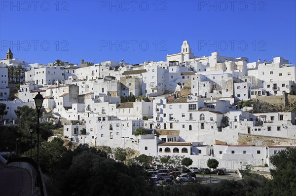 Pueblo blanco historic village whitewashed houses on hillside, Vejer de la Frontera, Cadiz
