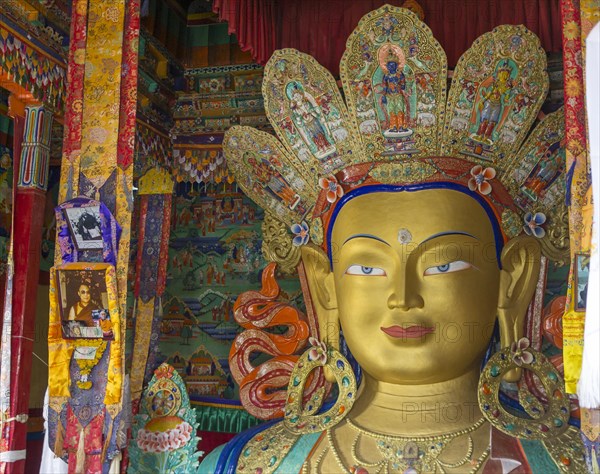 Statue of Maitreya, the future Buddha, located in a temple at Thikse Gompa, the Buddhist monastery