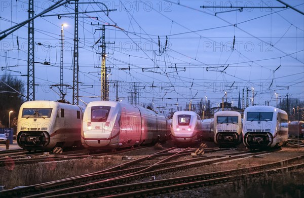 Deutsche Bahn ICE trains standing at the ICE plant in Berlin Rummelsberg, Berlin, 20/12/2022