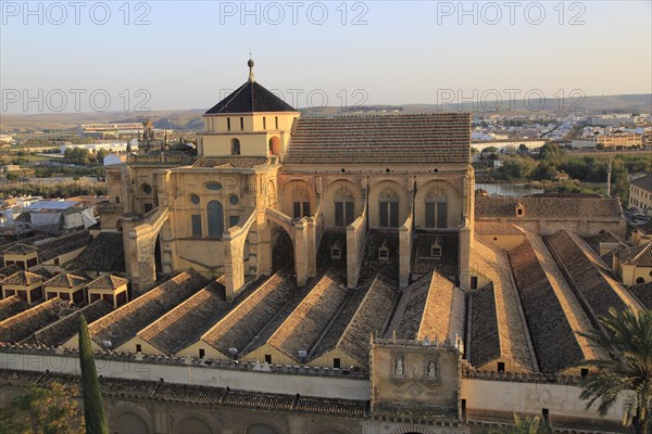 Raised angle view of Great Mosque, Mezquita cathedral, former mosque building in central, Cordoba,