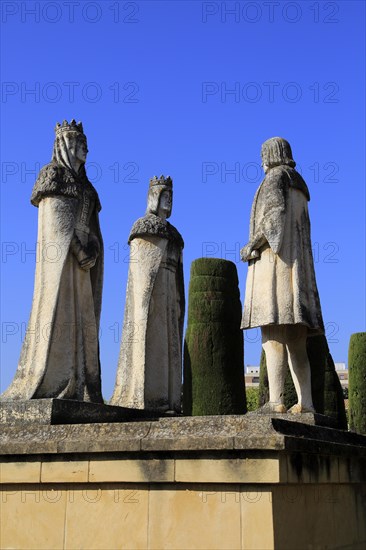 Columbus, King Ferdando and Queen Isabel statues in garden of Alcazar, Cordoba, Spain, Alcazar de