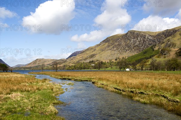 Warnscale Beck stream flowing into Lake Buttermere, Gatesgarth, Lake District national park,