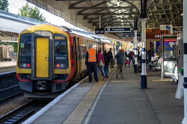 South Western Railway SWR Class 165 Turbo train 1158880 at Salisbury station, Wiltshire, England,