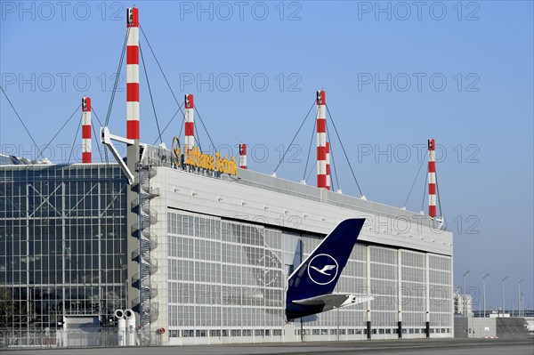 Lufthansa Airbus A380-800 tail fin with vertical stabiliser in the Lufthansa Technik maintenance