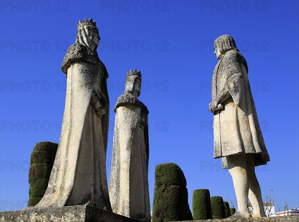 Columbus, King Ferdando and Queen Isabel statues in garden of Alcazar, Cordoba, Spain, Alcazar de