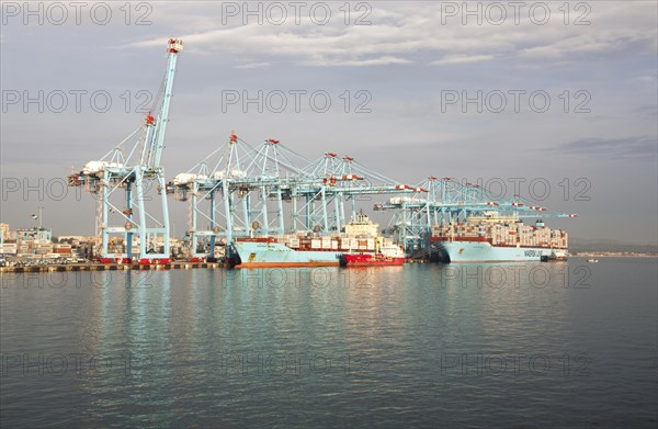 Large cranes at APM Terminals loading container ships port at Algeciras, Cadiz Province, Spain,