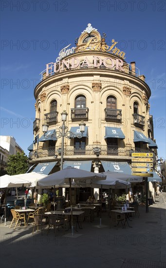 El Gallo Azul rotunda building cafe built in 1929 advertising Fundador brandy, Jerez de la